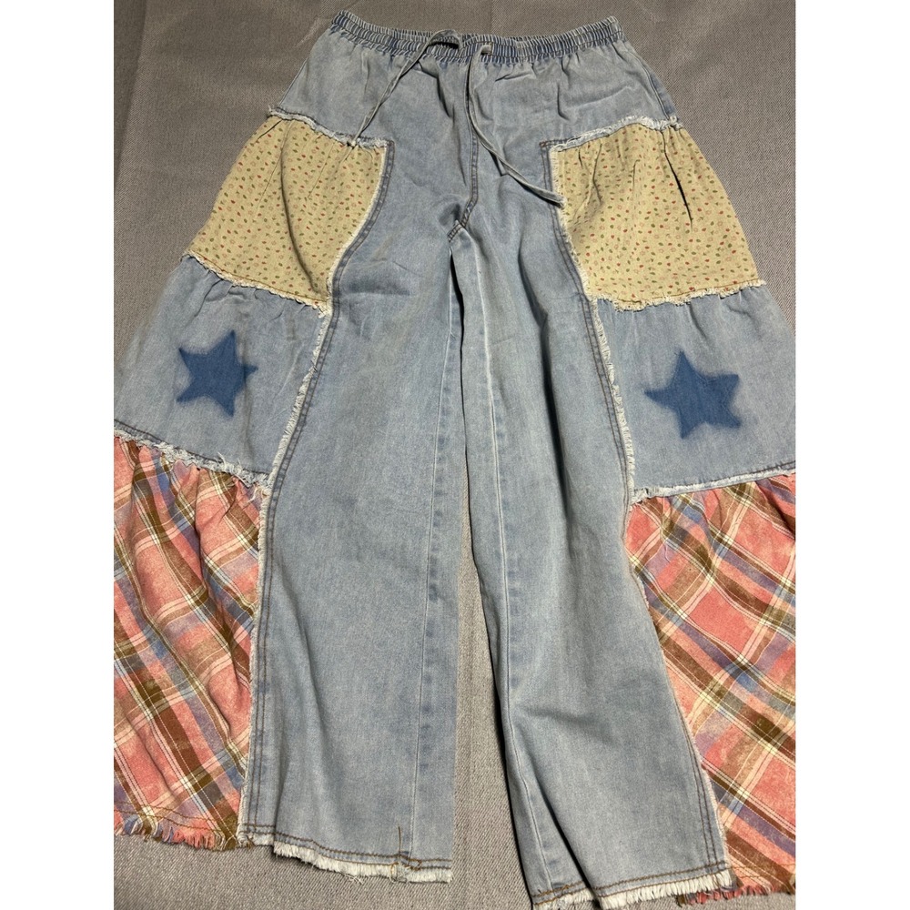 POL Patchwork Jeans Women Large Blue Star Plaid Floral Wide Leg Boho Denim